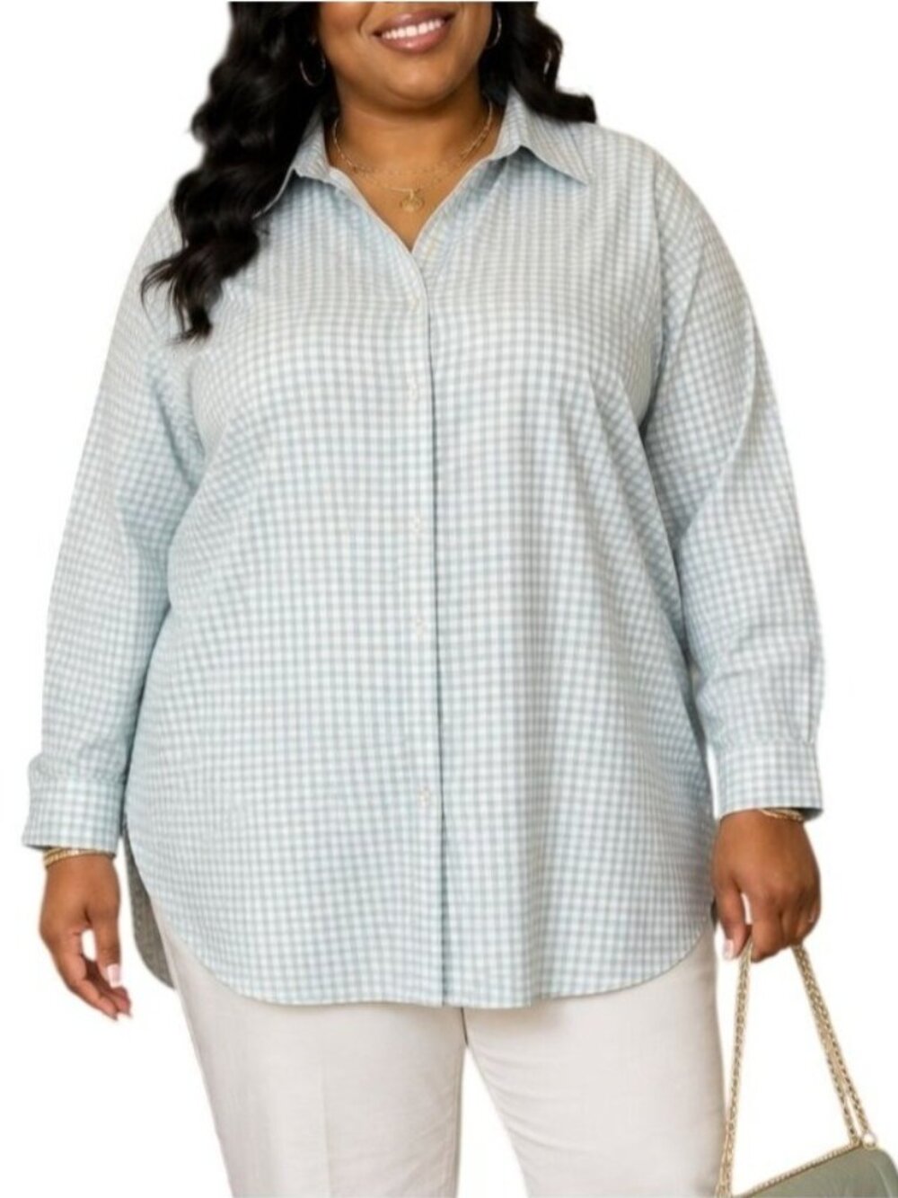 Woman Within Plus Size 1X Top Button-Front Gingham Mint Green White Classic